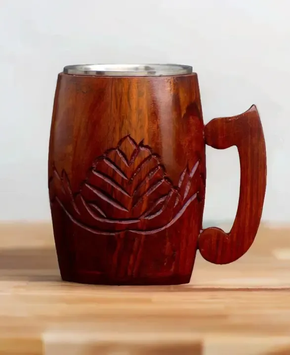 this is the beautiful and best handmade wooden coffee mug with stainless steel inside. It is handcrafted by the best artisans and engraved by hand. By the best handcrafted wooden coffee mug on www.agrrro.com.