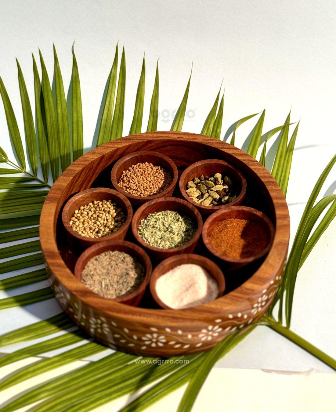 this is the beautiful and best handcrafted wooden round masala box, best handcrafted masala box for kitchenware lovers. Buy world's best handcrafted round masala box or masala storage on www.agrrro.com. This is the best way to enjoy dinner with your loved ones.