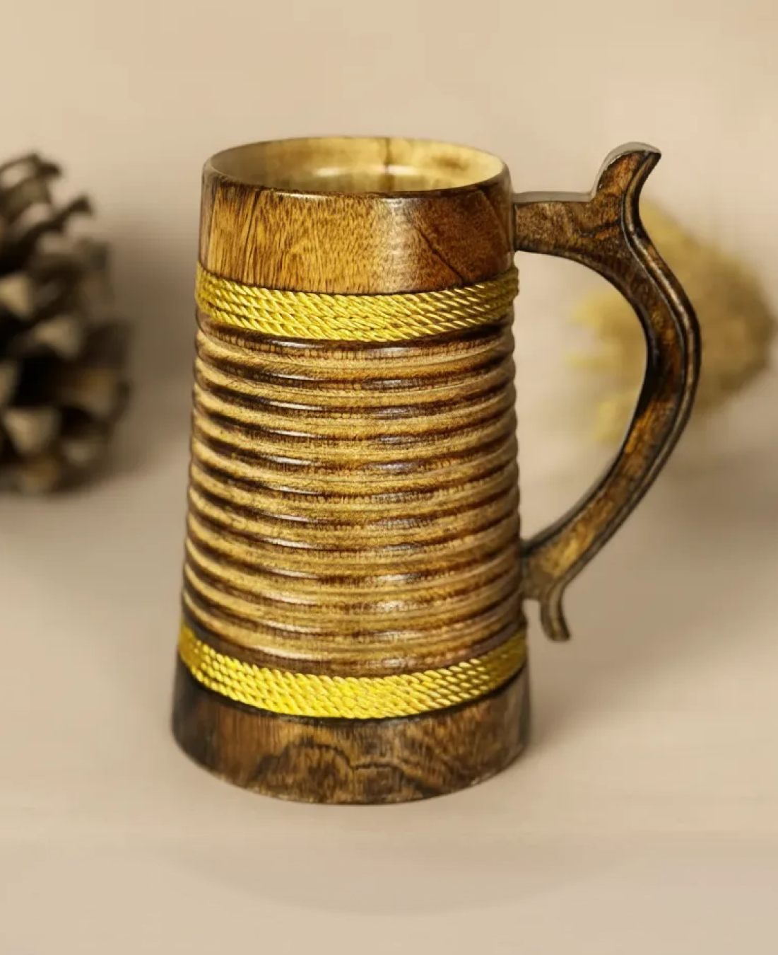 this is the beautiful and best handcrafted wooden beer mug for beer lovers and home decor lovers made of eco friendly mango wood and packed in eco friendly plastic free packaging. Buy the best quality handcrafted wooden beer mug on agrrro.com.