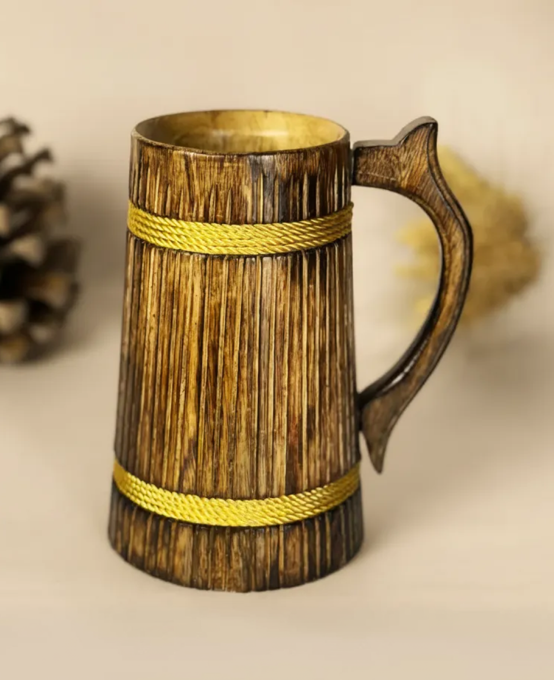 this is the beautiful and best handcrafted wooden beer mug for beer lovers and home decor lovers made of eco friendly mango wood and packed in eco friendly plastic free packaging. Buy the best quality handcrafted wooden beer mug on agrrro.com.