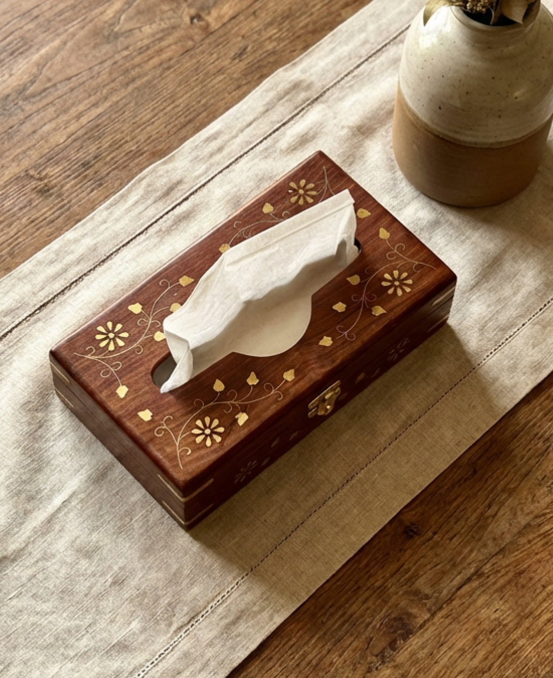 Handmade wooden tissue box holder with brass corners and lock