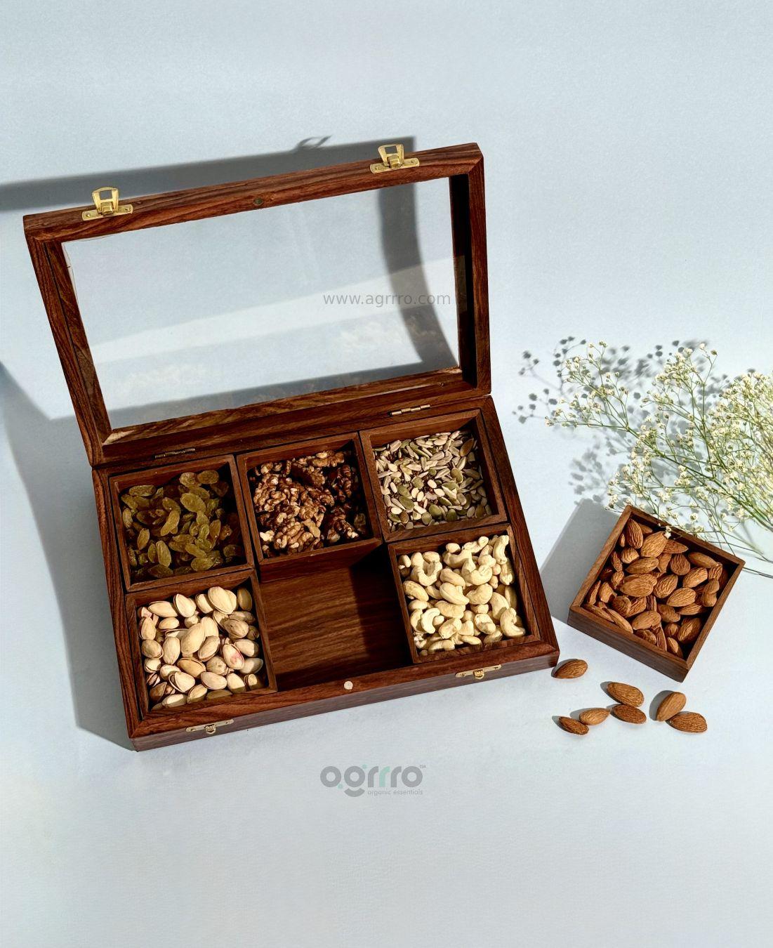this is the beautiful and best handcrafted wooden dry fruits box, best handcrafted dry fruits box for kitchenware lovers. Buy world's best handcrafted dry fruits box or dry fruits storage on www.agrrro.com. This is the best way to gift your loved ones.