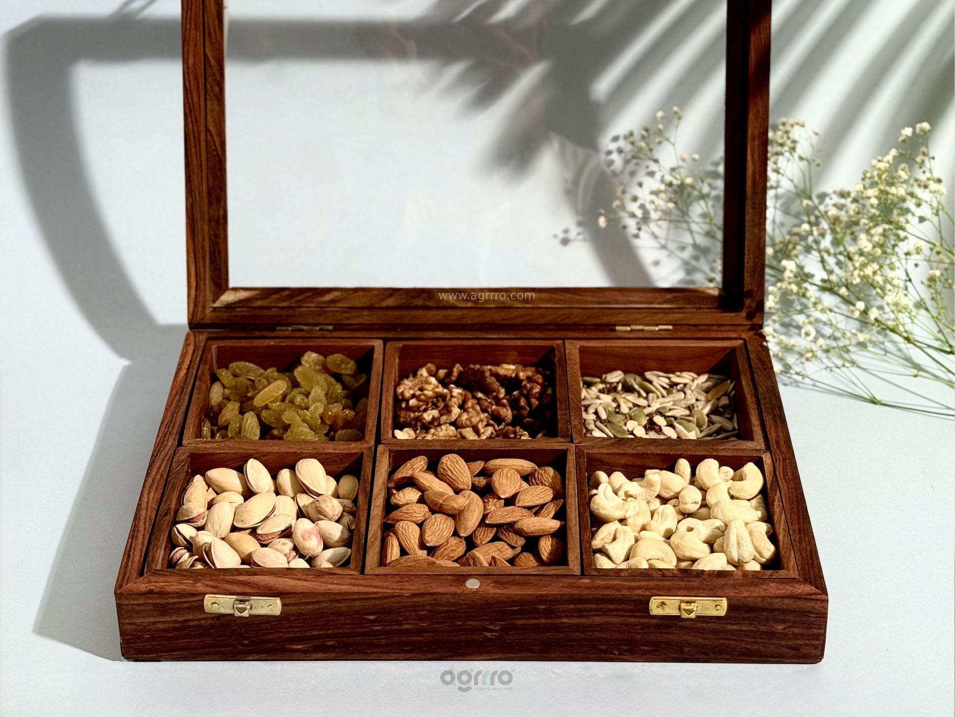 this is the beautiful and best handcrafted wooden dry fruits box, best handcrafted dry fruits box for kitchenware lovers. Buy world's best handcrafted dry fruits box or dry fruits storage on www.agrrro.com. This is the best way to gift your loved ones.