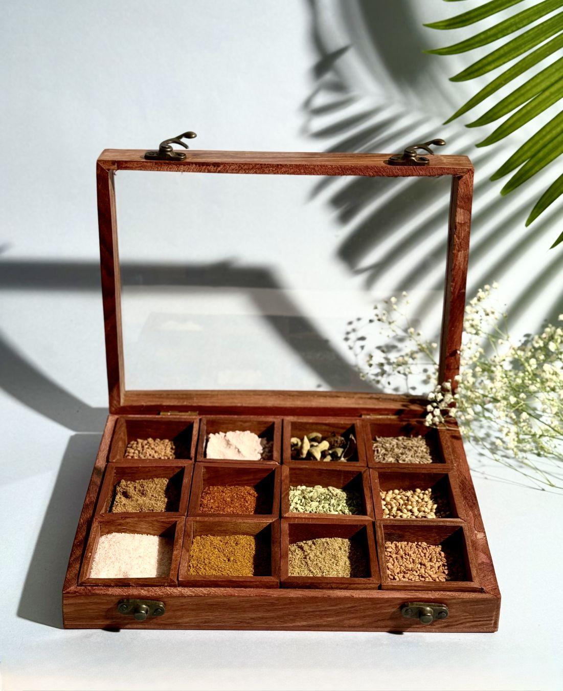 this is the beautiful and best handcrafted wooden masala box, best handcrafted masala box for kitchenware lovers. Buy world's best handcrafted masala box or masala storage on www.agrrro.com. This is the best way to enjoy dinner with your loved ones.